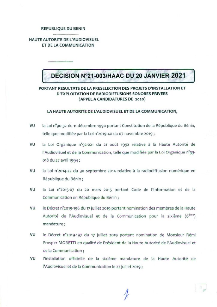 thumbnail of Decisions-N°-21-003HAAC-du-20-Janvier-2021-Portant-Resultats-de-la-preselection-des-projets-dinstallation-et-dexploitation-de-radiodiffusions-sonores-privees-appel-a-candidature-2020