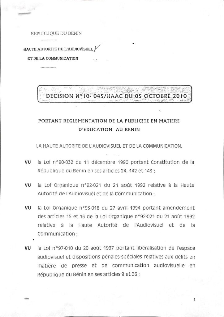 thumbnail of Décision N°10-045 HAAC du Octobre 2010 portant règlementation de la publicité en matière d’éducation au Bénin