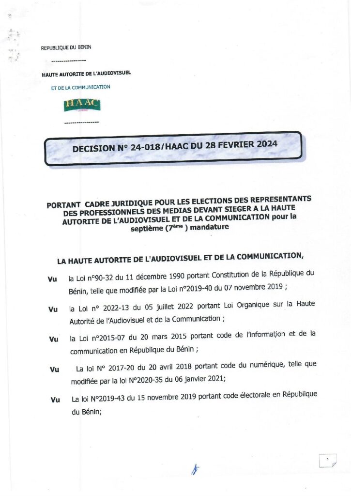 thumbnail of DECISION N°24 18 Portant cadre juridique pour les élections des professionnelles des médias devant siéger à la HAAC.