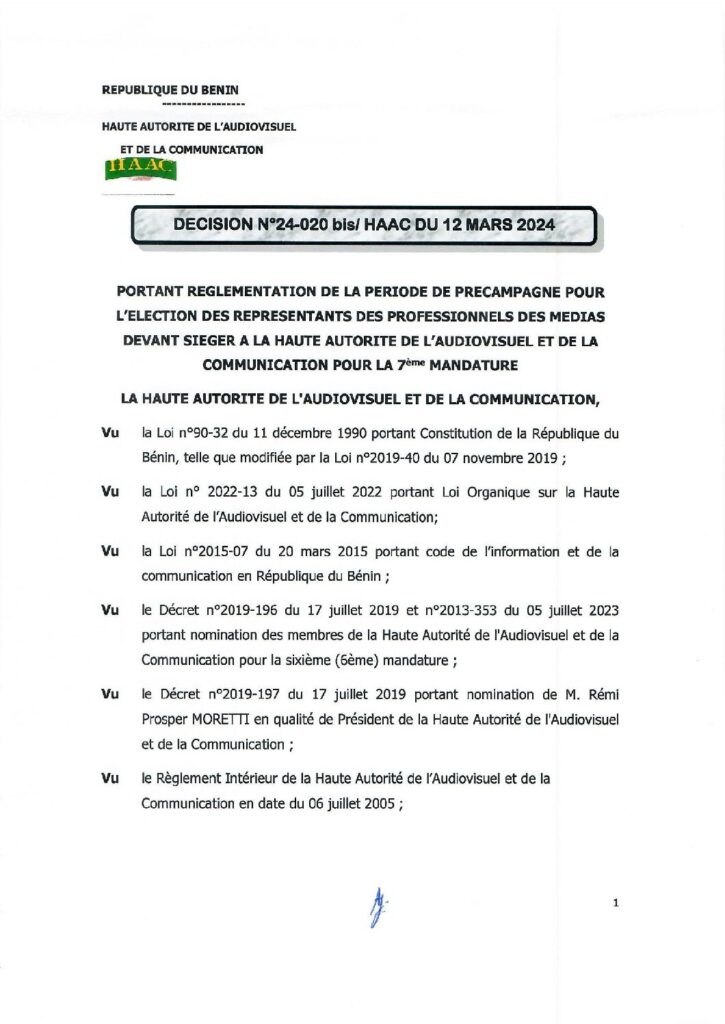 thumbnail of DECISION N°24-020bis PORTANT PRECAMPAGNE REPRESENTANT PROFESSIONNELS MEDIAS A LA HAAC 7eme MANDATURE