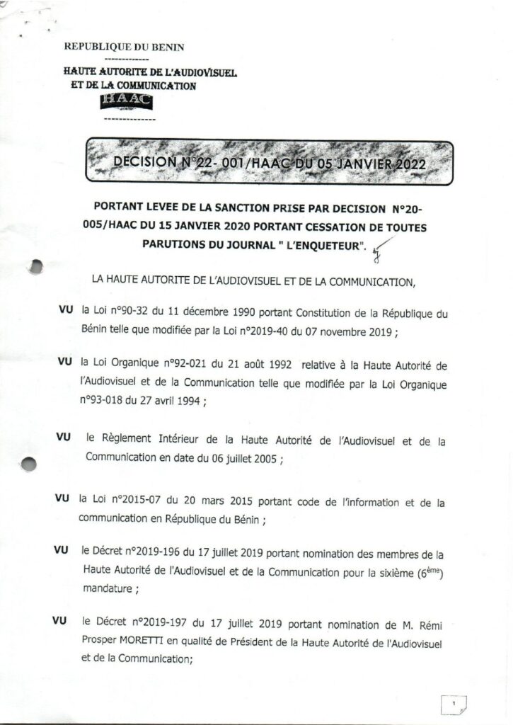 thumbnail of DECISION N° 22-001- HAAC DU 05 JANVIER 2022 PORTANT LEVEE DE SANCTION DU JOURNAL L’ENQUETEUR (DEC N°20-005 DU 15-01-2020)