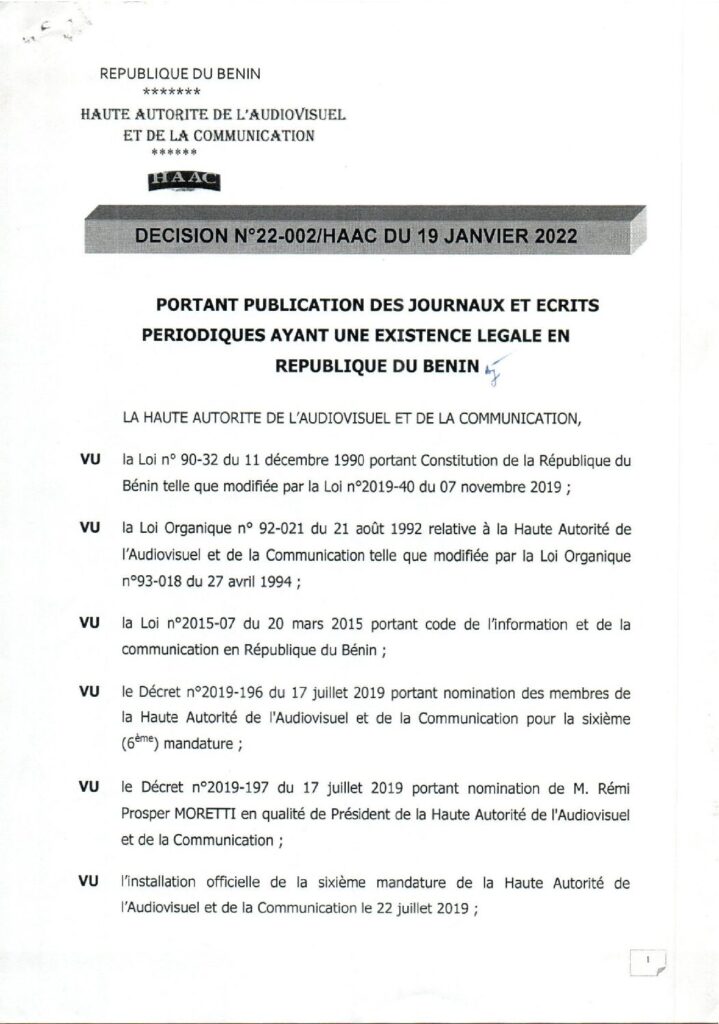 thumbnail of DECISION N° 22-002-HAAC DU 19 JANVIER 2022 PORTANT PUBLICATION DES JOURNAUX ET PERIODIQUES AYANT UNE EXISTECE EGALE EN RB