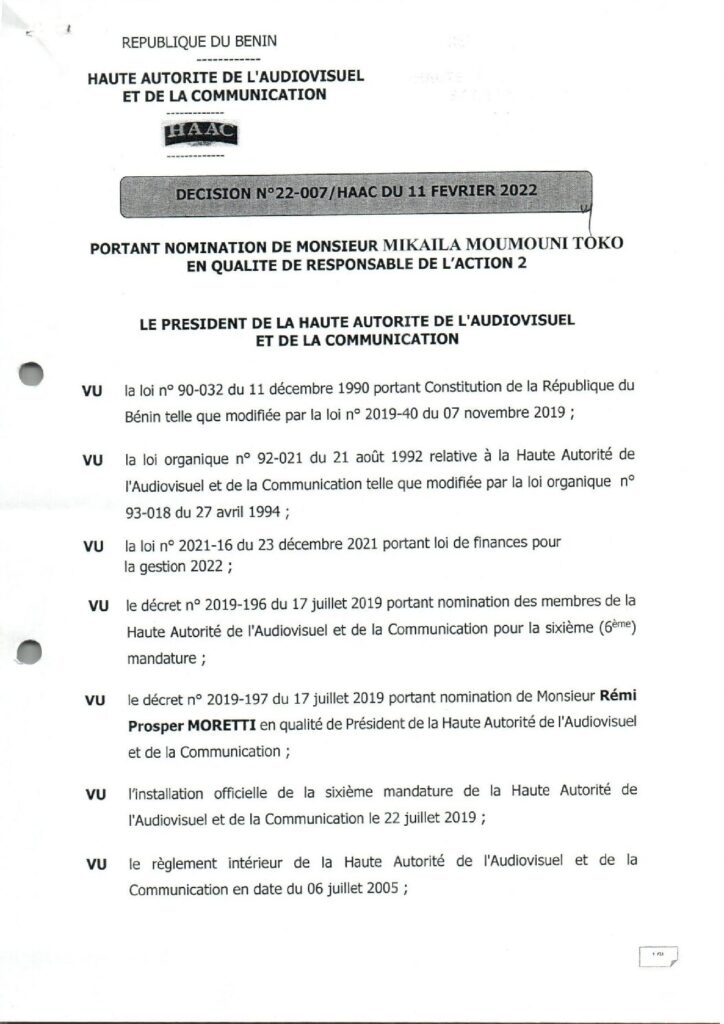 thumbnail of DECISION N° 22-007-HAAC DU 11 FEVRIER 2022 PORTANT NOMINATION DE MR MIKAILA MOUMOUNI TOKO EN QUALITE DE RESPONSABLE DE L’ACTION 2