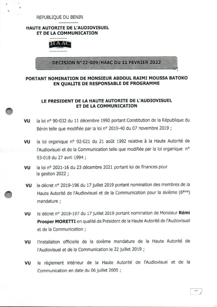 thumbnail of DECISION N° 22-009-HAAC DU 11 FEVRIER 2022 PORTANT NOMINATION MR ABDOUL RAIMI MOUSSA BATOKO EN QUALITE DE RESPONSABLE DE PROGRAMME