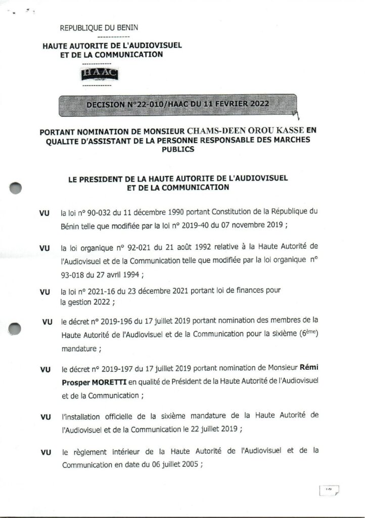 thumbnail of DECISION N° 22-010-HAAC DU 11 FEVRIER 2022 PORTANT NOMINATION DE MR CHAMS-DEEN OROU KASSE ASSISTANT DE LA PERSONNE RESPONSABLE DES MARCHES PUBLICS