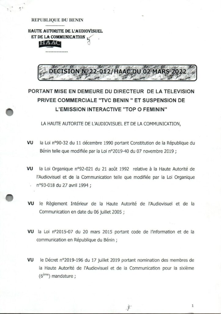 thumbnail of DECISION N° 22-012-HAAC DU 02 MARS 2022 PORTANT MISE EN DEMEURE DU RIERECTEUR DE LA TVC ETB SUSPENSION DE L’EMISSION TOP O FEMININ