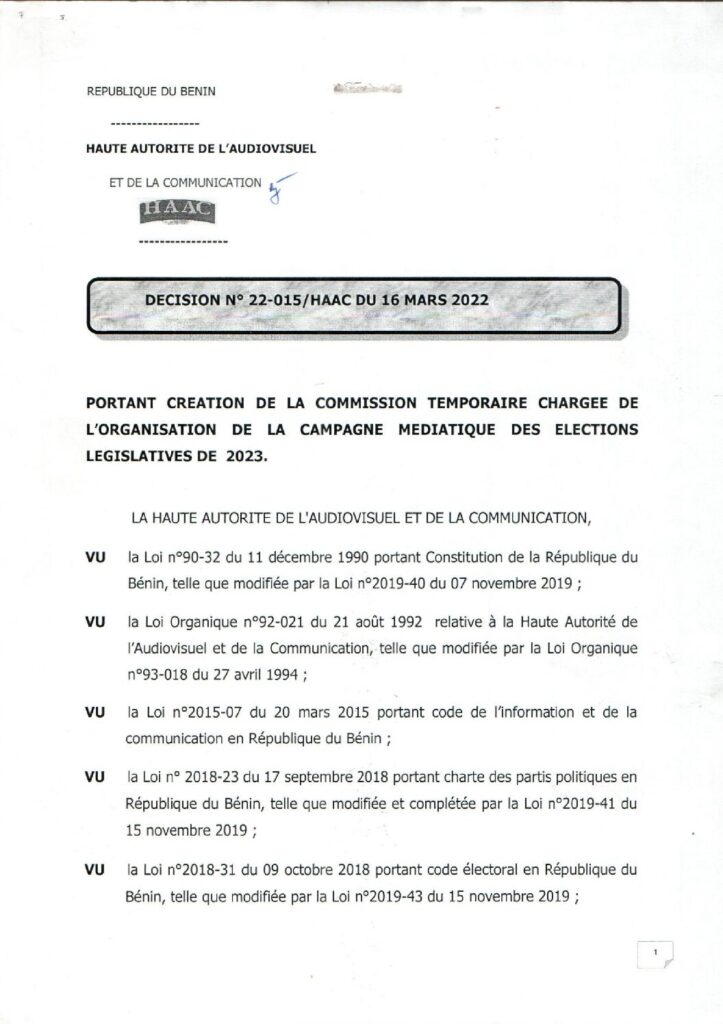 thumbnail of DECISION N° 22-015-HAAC DU 16 MARS 2022 PORTANT CREATION DE LA COMMISSION CHARGEE DE L’ORGANISATION DE LA CAMPAGNE ELECTIONS LEGISLATIVES DE 2023