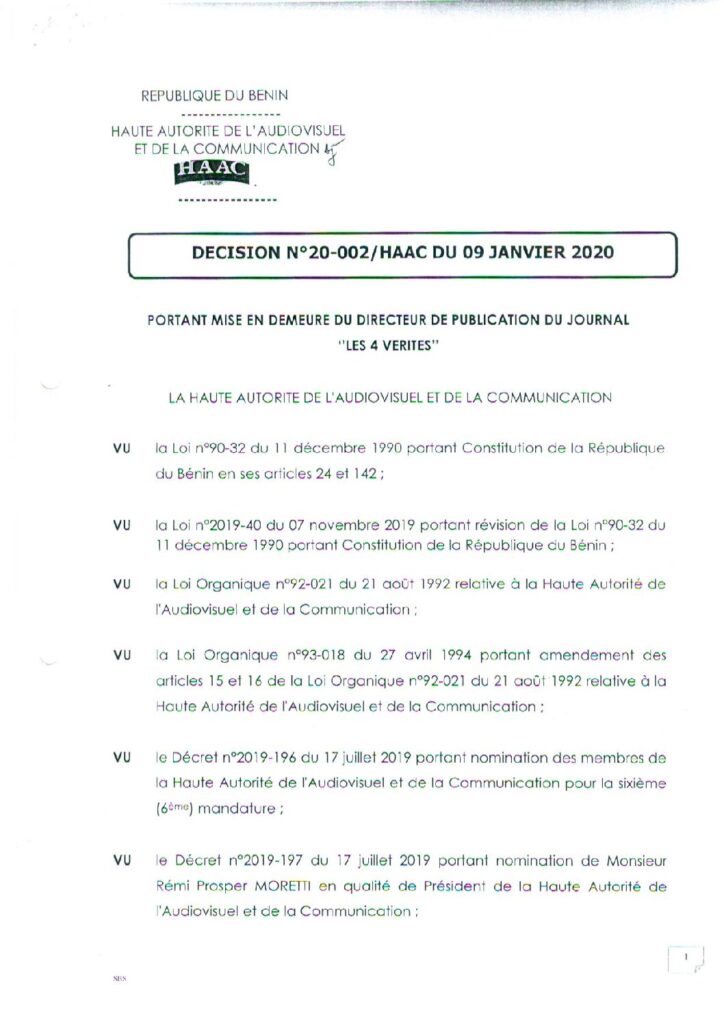 thumbnail of DECISION N°20-002 PORTANT MISE EN DEMEURE DU DIRECTEUR DE PUBLICATION DU JOURNAL LES 4 VERITES