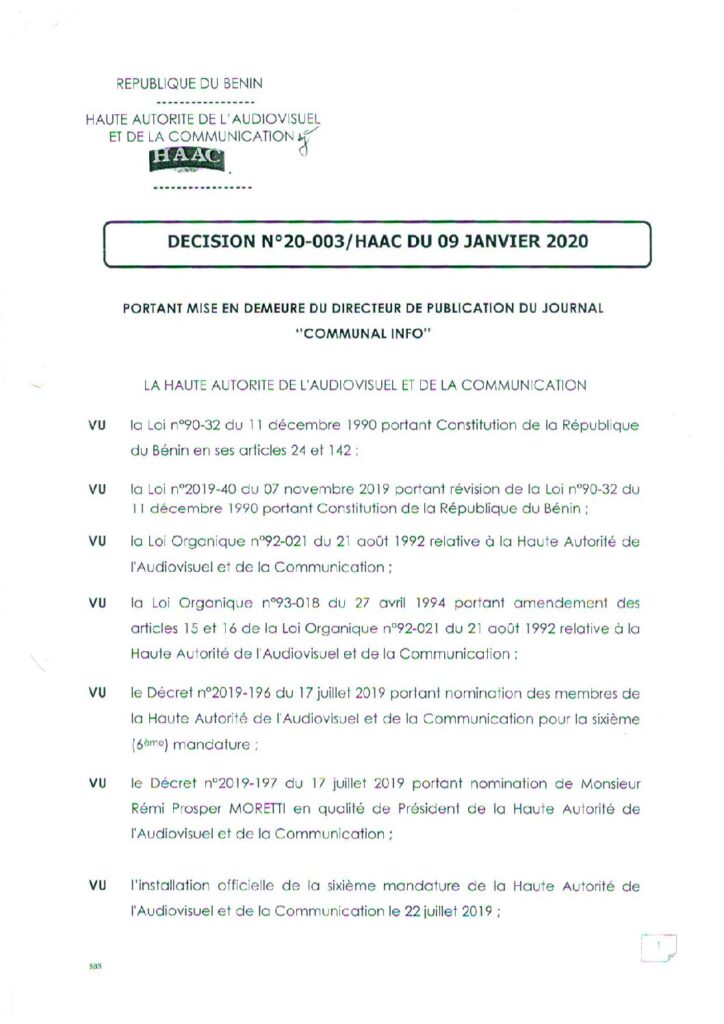 thumbnail of DECISION N°20-003 PORTANT MISE EN DEMEURE DU DIRECTEUR DE PUBLICATION DU JOURNAL COMMUNAL INFO