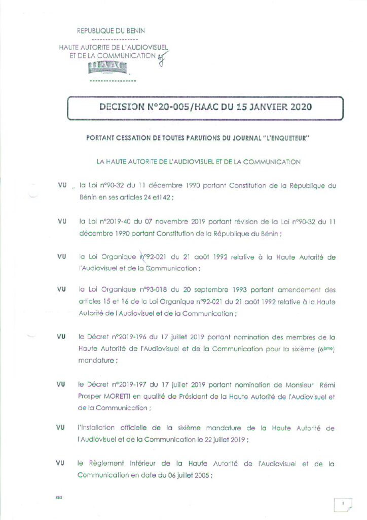 thumbnail of DECISION N°20-005 PORTANT CESSATION DE TOUTES PARUTIONS DU JOURNAL L’ENQUETEUR