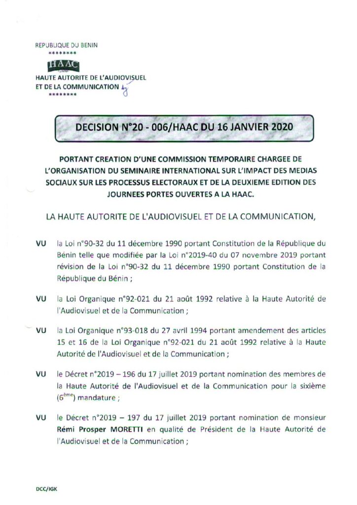 thumbnail of DECISION N°20-006 PORTANT CREATION D’UNE COMMISSION TEMPORAIRE CHARGEE DE L’ORGANISATION DU SEMINAIR