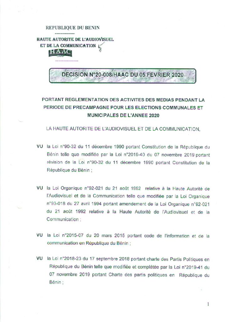 thumbnail of DECISION N°20-008 REGLEMENTATION DES ACTIVITES DES MEDIAS PENDANT LA PERIODE DE PRECAMPAGNE POUR LES