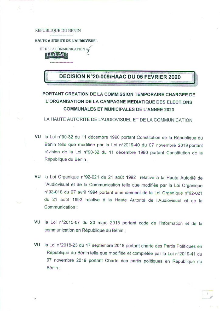 thumbnail of DECISION N°20-009 PORTANT CREATION DE LA COMMISSION TEMPORAIRE CHARGEE DE L’ORGANISATION DE LA CAMP