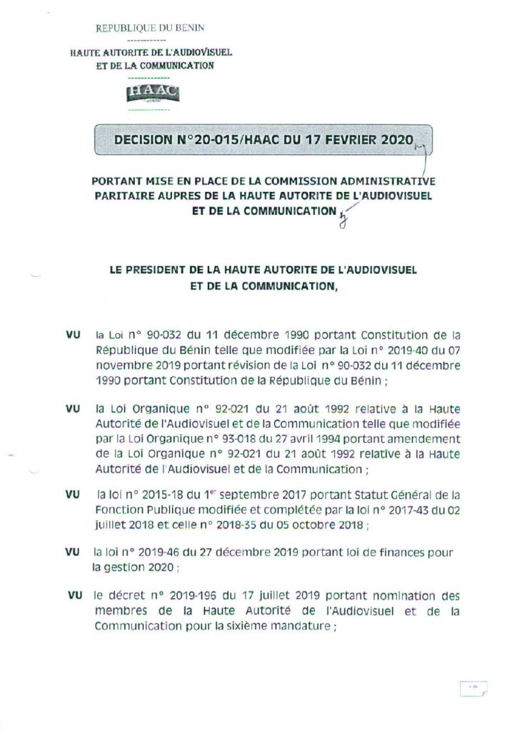 thumbnail of DECISION N°20-015 PORTANT MISE EN PLACE DE LA COMMISSION ADMINISTRATIVE PARITAIRE AUPRES DE LA HAAC