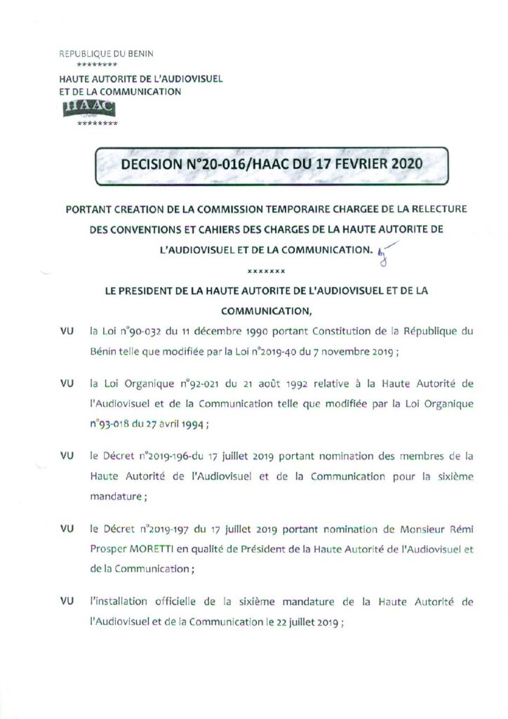 thumbnail of DECISION N°20-016 CREATION DE LA COMMISSION TEMPORAIRE CHARGEE DE LA RELECTURE DES CONVENTIONS ET CA