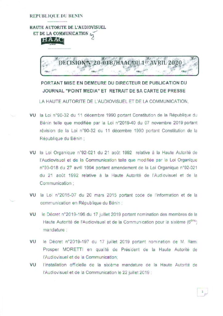 thumbnail of DECISION N°20-018 PORTANT MISE EN DEMEURE DU DIRECTEUR DE PUBLICATION DU JOURNAL POINT MEDIA ET RETR