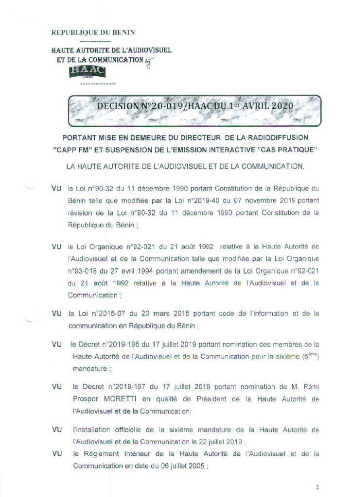 thumbnail of DECISION N°20-019 PORTANT MISE EN DEMEURE DU DIRECTEUR DE LA RADIODIFFUSION CAPP FM ET SUSPENSION D