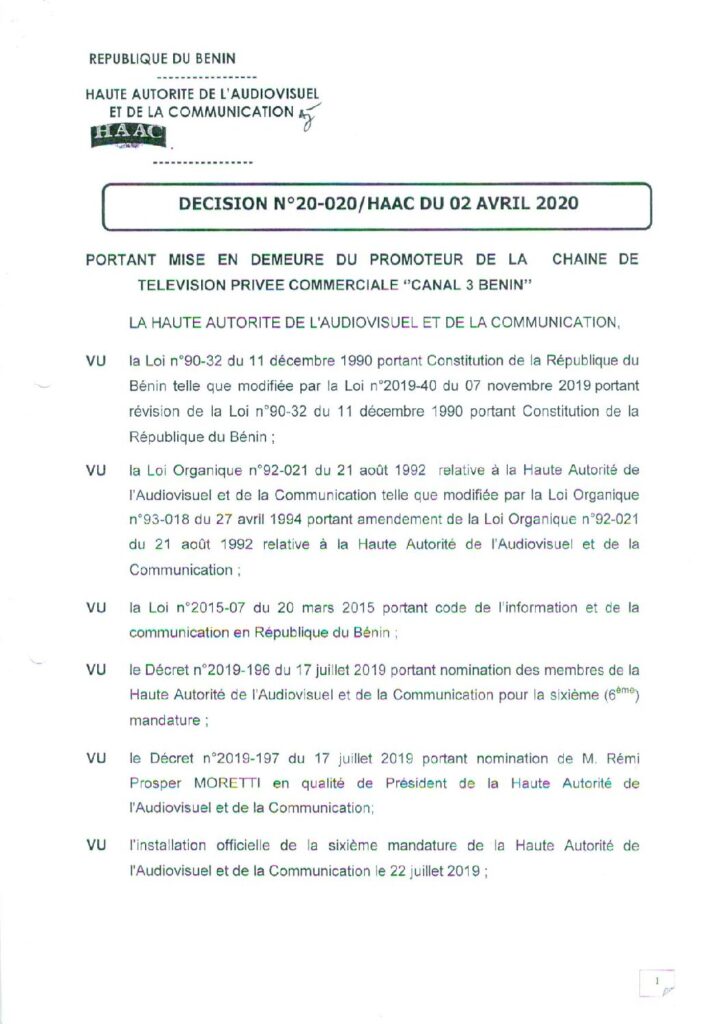 thumbnail of DECISION N°20-020 PORTANT MISE EN DEMEURE DU PROMOTEUR DE LA CHAINE DE TELEVISION PRIVEE COMMERCIAL