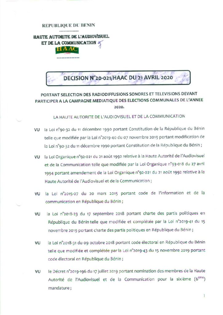 thumbnail of DECISION N°20-021 PORTANT SELECTION DES RADIODIFFUSIONS SONORES ET TELEVISIONS DEVANT PARTICIPER A L