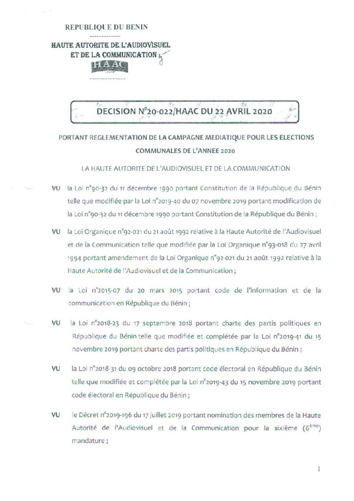 thumbnail of DECISION N°20-022 PORTANT REGLEMENTATION DE LA CAMPAGNE MEDIATIQUE POUR LES ELECTIONS COMMUNALES DE