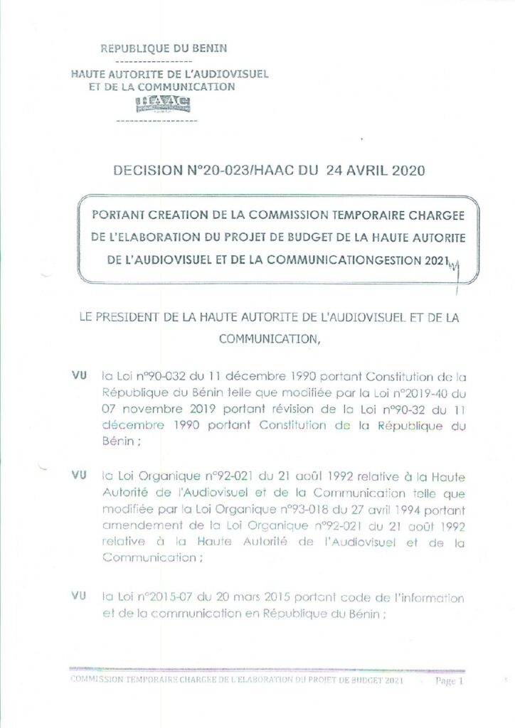 thumbnail of DECISION N°20-023 CREATION DE LA COMMISSION TEMPORAIRE CHARGEE DE L’ELABORATION DU PROJET DE BUDGET