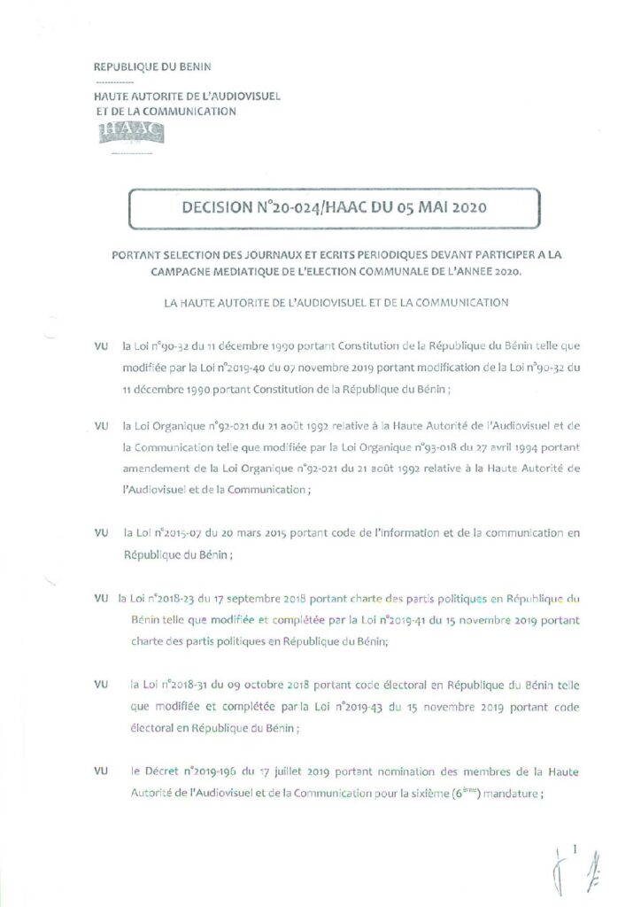 thumbnail of DECISION N°20-024 PORTANT SELECTION DES JOURNAUX ET ECRITS PERIODIQUEMENTS DEVANT PARTICIPER A LA CA