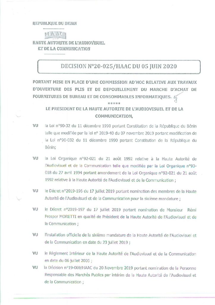 thumbnail of DECISION N°20-025 MISE EN PLACE D’UNE COMMISSION AD’HOC RELATIVE AUX TRAVAUX D’OUVERTURE MARCHE D’A