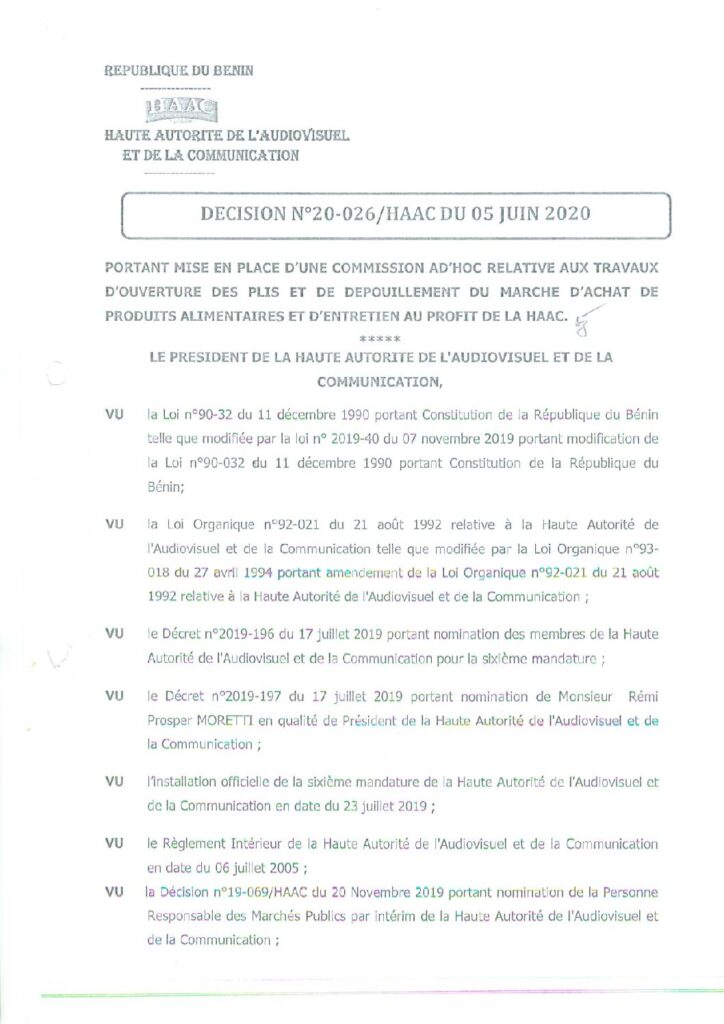 thumbnail of DECISION N°20-026 MISE EN PLACE D’UNE COMMISSION AD’HOC RELATIVE AUX TRAVAUX D’OUVERTURE MARCHE D’AC