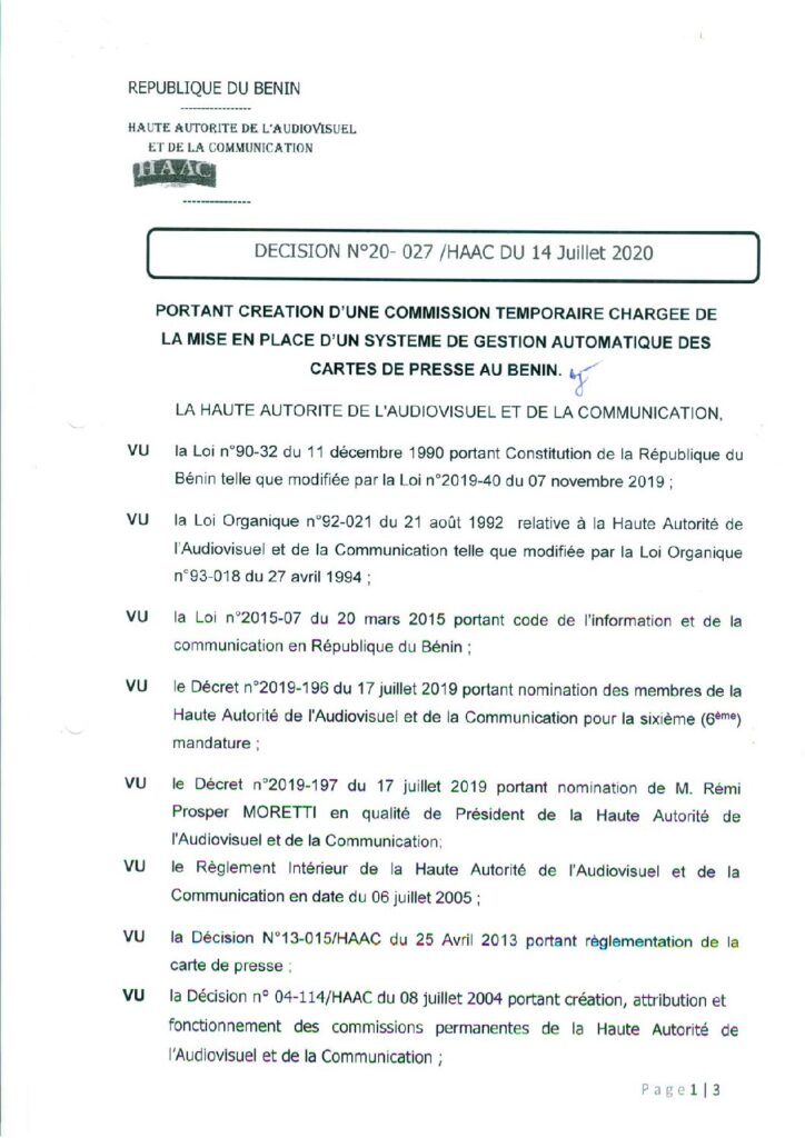 thumbnail of DECISION N°20-027 PORTANT CREATION D’UNE COMMISSION TEMPORAIRE CHARGEE DE LA MISE EN PLACE D’UN SYST