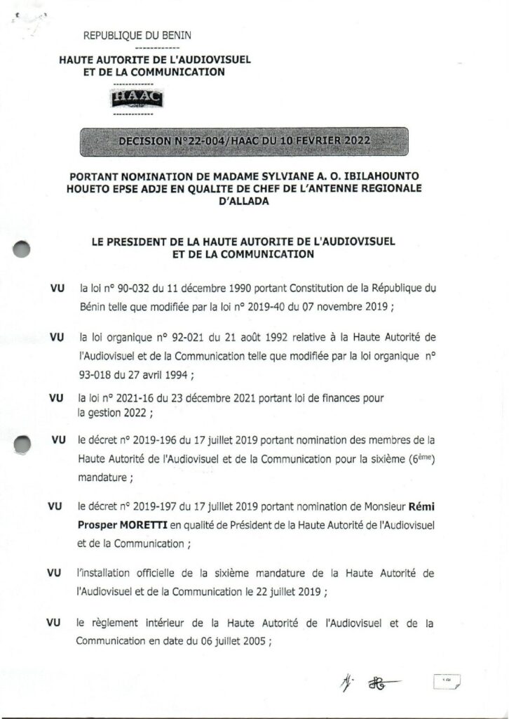 thumbnail of DECISION N°22-004-HAAC DU 10 FEVRIER 2022 PORTANT NOMINATION DE Mme SYLVIANE ANNE O.IBILAHOUNTO HOUETO CHEF ANTENNE HAAC ALLADA