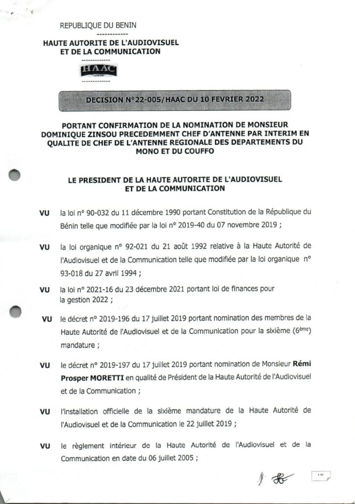 thumbnail of DECISION N°22-005 DU 10 FEVRIER 2022 PORTANT CONFIRMATION DE LA NOMINATION DE MR DOMMINIQUE ZINSOU CHEF ANTENNE HAAC MONO-COUFO