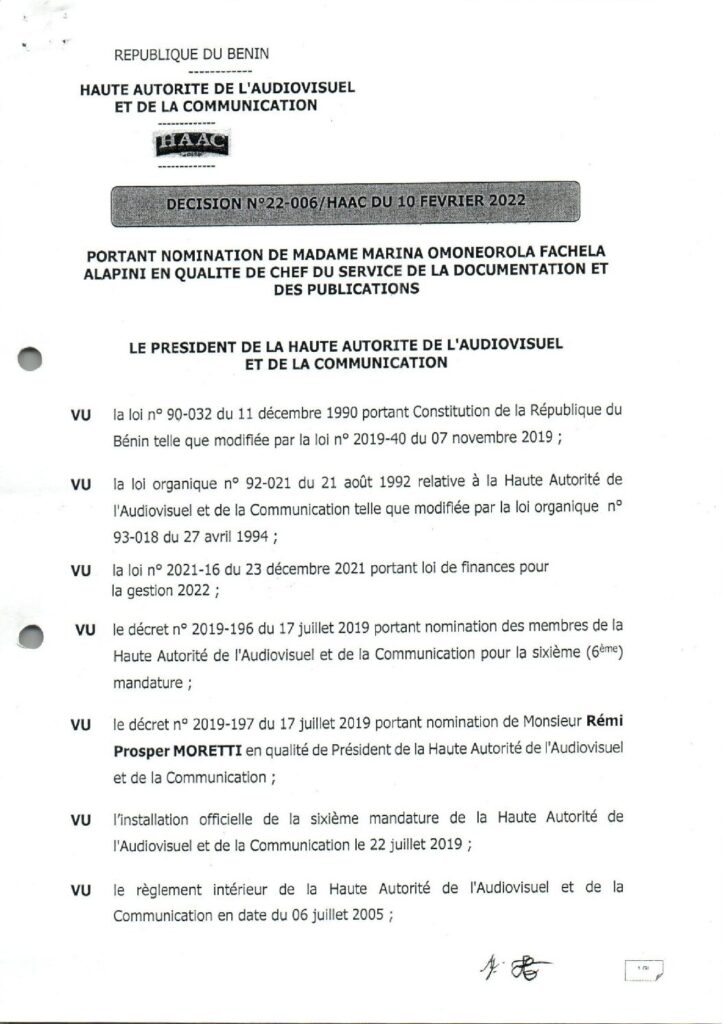 thumbnail of DECISION N°22-006-HAAC DU 10 FRVRIER 2022 PORTANT NOMINATION DE MmE MARINA OMONEOROLA FACHELA ALAPINI CHEF SERVICE DOCUMENTATION ET DES PUBLICATIONS