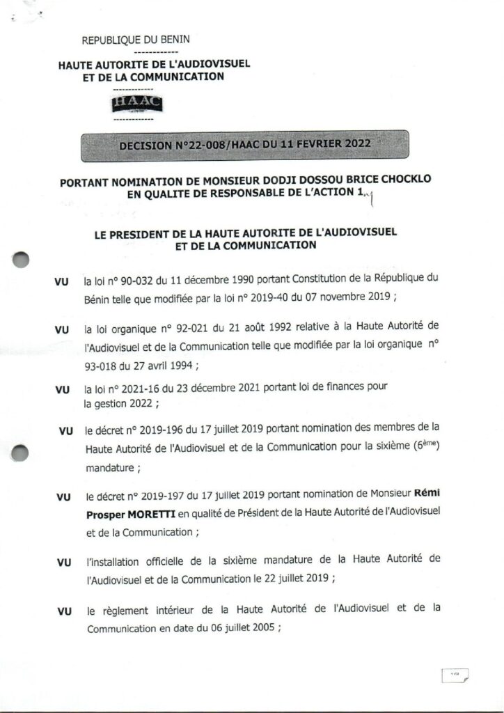 thumbnail of DECISION N°22-008-HAAC DU 11 FEVRIER 2022 PORTANT NOMINATION DE MR DODJI DOSSOU BRICE CHOCKLO EN QUALITE DE RESPONSABLE DE L’ACTION