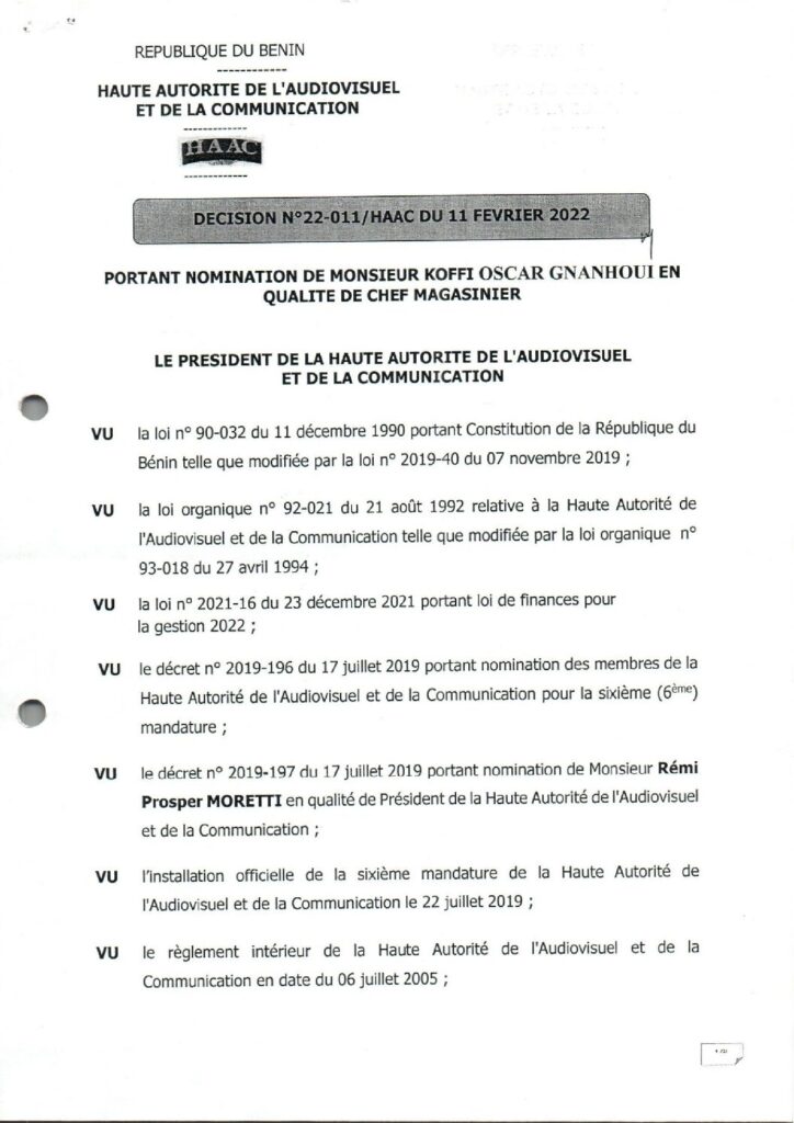 thumbnail of DECISION N°22-011-HAAC DU 11 FEVRIER 2022 PORTANT NOMINATION DE MR KOFFI OSCAR GNANHOUIN EN QUALITE DE DE CHEF MAGASINIER