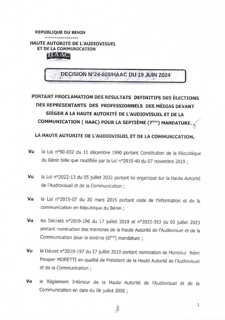 thumbnail of Décision N°24-028 HAAC DU 19 JUIN 2024 portant proclamation des résultats définitifs des élections des représentants des professionnels des médias