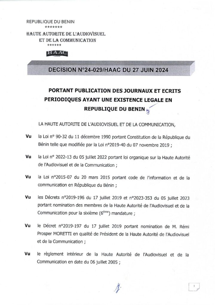 thumbnail of Décision N°24-029 HAAC du 27juin 2024 portant publication des journaux et écrits périodiques ayant une existence légale en République du Bénin