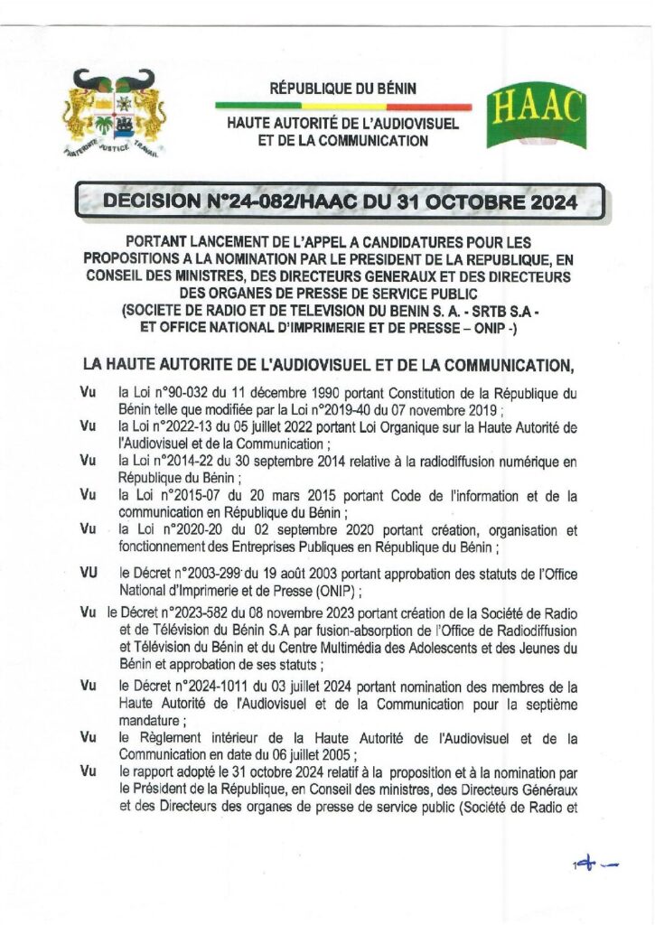 thumbnail of Décision N°24-082 HAAC du 31 Octobre 2024 portant lancement de l’appel à candidature pour les propositions à la nomination par le PR en CM des DG et des DOPSP